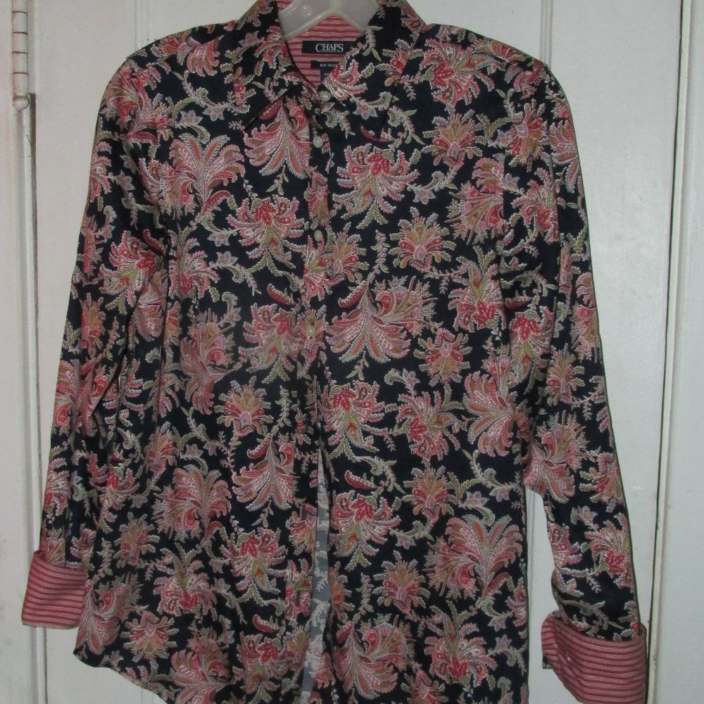 Small Petite Chaps Paisley Floral Button Down Long Sleeve Cuffs Shirt Blouse
